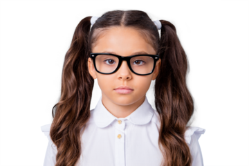 Close-up portrait of nice cute sad serious adorable lovely stylish girl with two curly ponytails in white formal blouse shirt, wearing glasses. Isolated over grey background