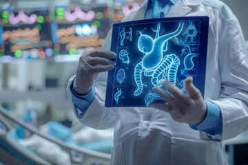 Closeup half body of a gastroenterologist analyzing digestive tract imaging on a digital screen with Glow HUD big Icon of digestive system