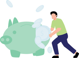 A boy is saving money in a piggy bank.