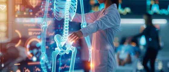 Closeup half body of a physiotherapist demonstrating a skeletal strengthening exercise with Glow HUD big Icon of skeletal system