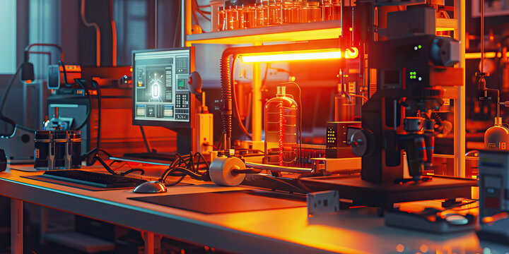 Amber Biohacking Workshop: Showing a workshop where biohackers experiment with genetic engineering and biological enhancements, with amber lighting and bioengineering equipment. 