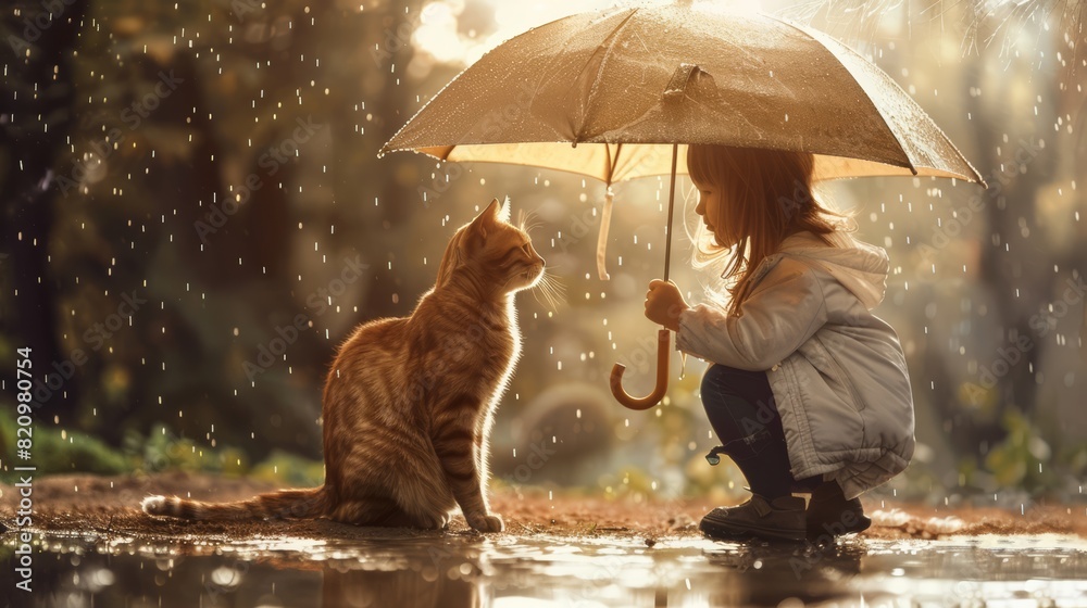 Poster a little girl holding an umbrella next to a cat