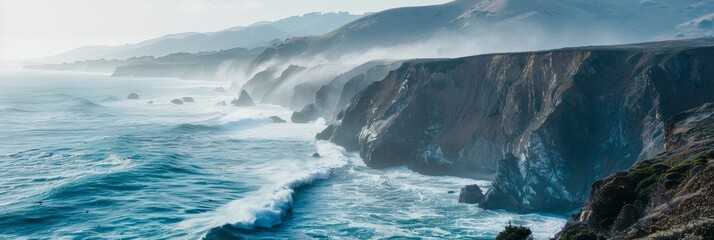 Dramatic coastline with cliffs shrouded in mist and crashing waves below. - Powered by Adobe