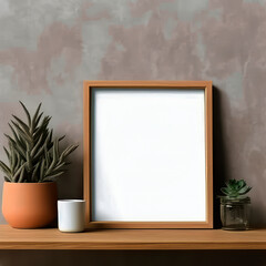 Stylish display of framed art and plants on wooden shelf in modern decor