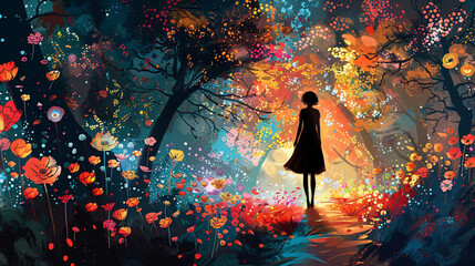 Decorative illustration of a woman in a city park, surrounded by blooming flowers and colorful trees, painted in an abstract style