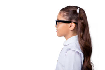 Snap shot, profile side view of nice cute adorable lovely stylish little small girl with curly pigtails in white formal blouse shirt and glasses. Isolated over grey background