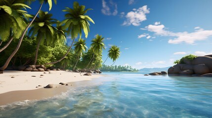 Panorama of a tropical beach with palm trees and granite rocks.