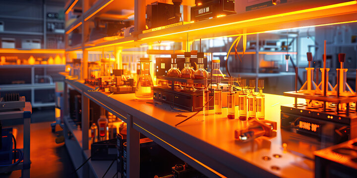 Amplified Amber Lab: Capturing the essence of a cutting-edge biohacking workshop, where skilled scientists delve into the realm of genetic engineering and biological enhancements