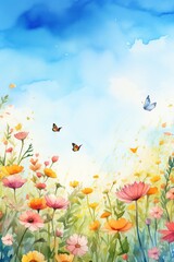 Fototapeta premium Vibrant watercolor painting of a colorful flower field under a bright blue sky with butterflies fluttering by.