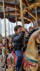A young boy riding on a merry go round horse