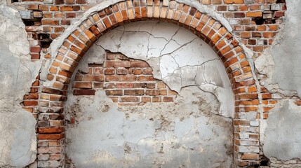 An old brick wall with a weathered stone arch forming a rustic architectural feature