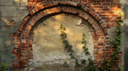 Vines grow on a weathered brick wall with an arched opening, creating a rustic scene