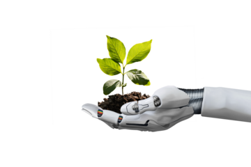 Robot hand holding a young plant against isolated free png background. Sustainable development in the field of agriculture and artificial intelligence.