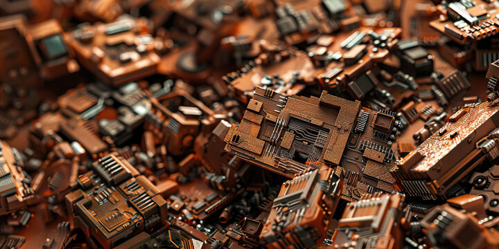 Bronze Cybernetic Junkyard: Featuring a sprawling junkyard filled with discarded cybernetic implants and technology, with a bronze hue from rusted metal and electronic components.