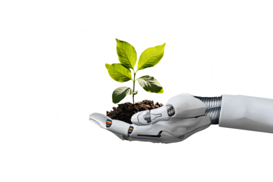 Robot hand holding a young plant against isolated free png background. Sustainable development in the field of agriculture and artificial intelligence.