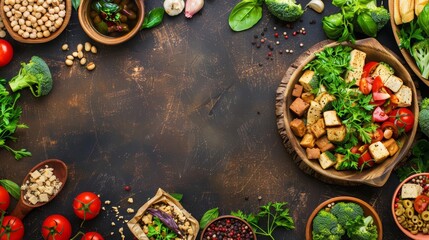 Plantbased meals rich in tofu and tempeh cater to vegan dietary needs, ensuring a healthy food diet, with a solid background and copy space on center for advertise