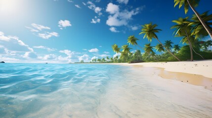 Panoramic view of a beautiful tropical beach with palm trees and blue sky