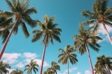Fototapeta premium palm trees blowing in the wind with a blue sky in the background