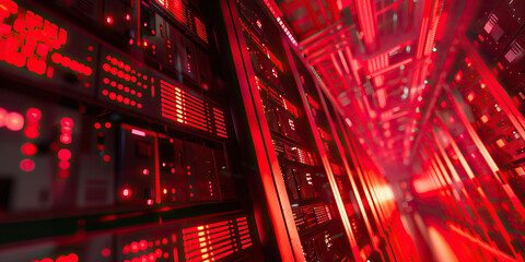 Obraz premium Shadowy Cyber Underworld: A glimpse into the hidden lair of malicious hackers and cybercriminals, illuminated by menacing red lights 
