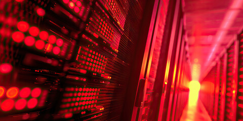 Crimson Digital Underground: Showing a hidden network of servers and data hubs used by hackers and cybercriminals, with crimson-red lighting and a clandestine atmosphere