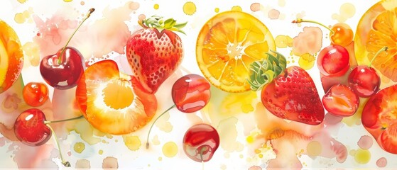 Watercolor clipart captures a whimsical scene where strawberries and peaches bask under a summer sun, framed by cherry and orange slices
