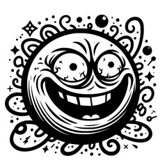 A crazy and funny smiley face in black and white, perfect for emotional expression illustrations, cartoons, humorous designs, and versatile creative projects