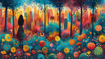 Illustration of a woman touring a famous city destination, rendered in a colorful and textured oil painting style