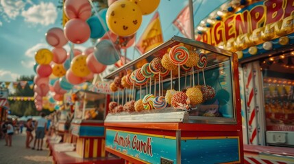 A nostalgic scene of a vintage lollipop stand at a fair,