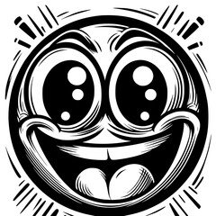 A crazy and funny smiley face in black and white, perfect for emotional expression illustrations, cartoons, humorous designs, and versatile creative projects