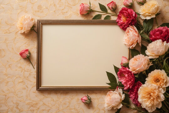 Ramadan Kareem Background with picture frame surrounded flowers 
