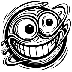 A crazy and funny smiley face in black and white, perfect for emotional expression illustrations, cartoons, humorous designs, and versatile creative projects