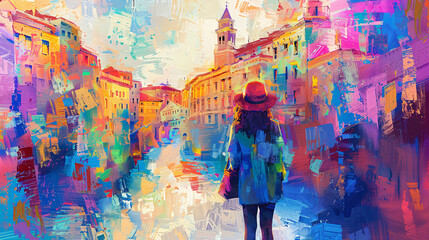 Fototapeta premium Illustration of a woman touring a famous city destination, rendered in a colorful and textured oil painting style