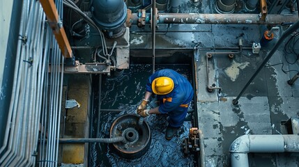 Plumber Inspecting Drains: At a commercial building, a plumber uses specialized equipment to inspect drains and clear any blockages, ensuring the plumbing system functions smoothly 