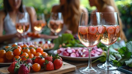 Picnic on the grass with food and drink on a blanket. Picnic lunch outdoors in a field on a sunny day with bread, fruit, and a bottle of wine