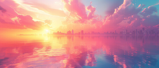 Fototapeta premium A cityscape blending into a serene ocean, focus on, imaginative dreamscape, vibrant, overlay, twilight horizon backdrop