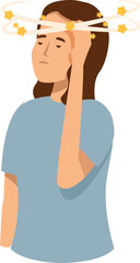 Illustration of a woman with stars circling around her head, symbolizing disorientation or dizziness