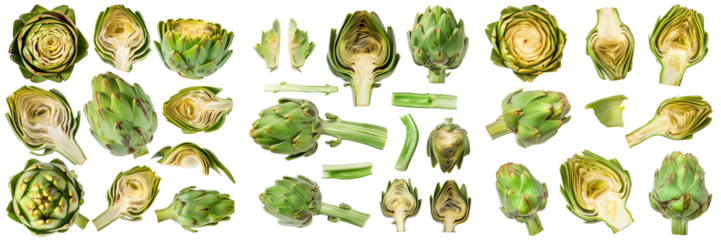 Artichoke, different angles and views, side top front sliced cut, isolated on transparent background