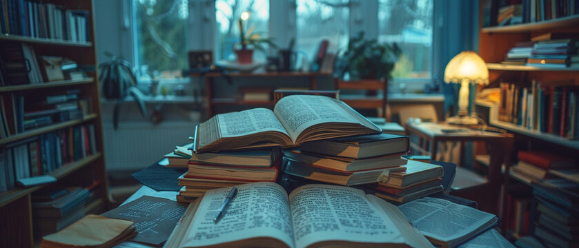 Stack of open textbooks with handwritten notes, copy space, knowledge acquisition, ethereal, blend mode, cozy study room backdrop