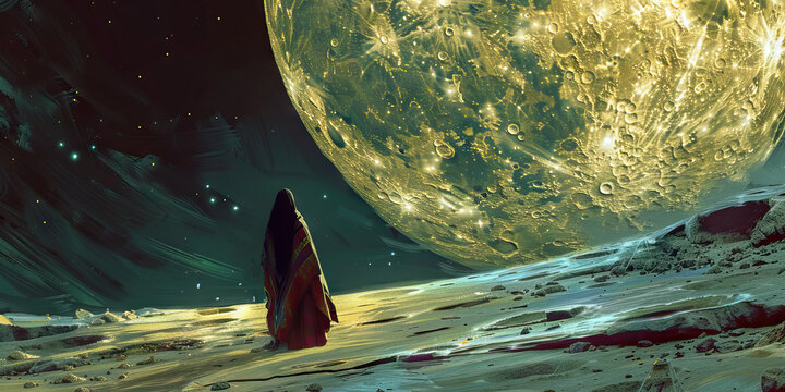 A shaman, standing on the moon, communing with the celestial beings for guidance