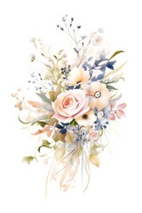 Elegant watercolor floral arrangement with pastel roses and wildflowers. Perfect for wedding invitations and botanical arts.