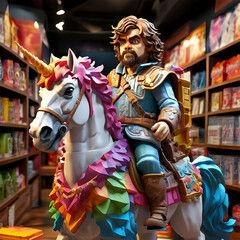 peter dinklage riding a unicorn into a gameshop