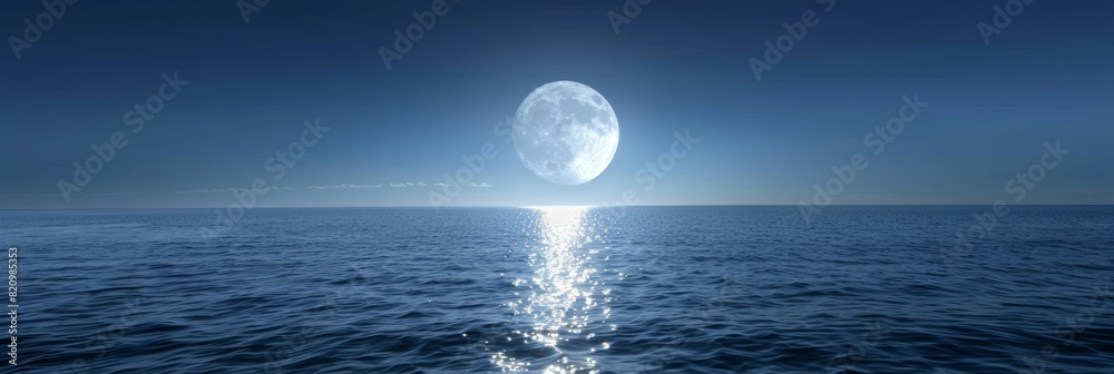 Wall mural a serene night scene with a large moon illuminating a calm ocean with a sparkling path of light.