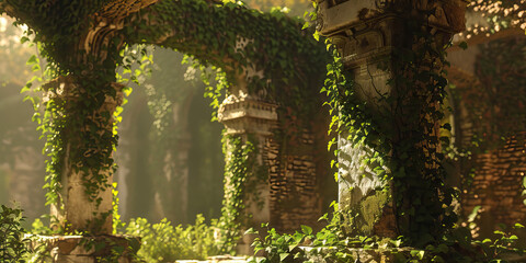 Ancient ruins, covered in vines, symbolize the cycle of life and growth