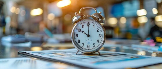 A classic alarm clock on a desk with blurred office background, symbolizing time management, productivity, and business environment.