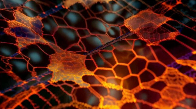 Abstract close-up of glowing red and orange geometric patterns with black lines. Macro shot of futuristic design with vibrant energy theme