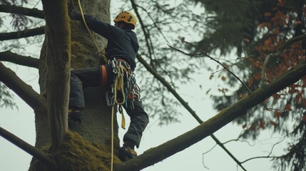 Low angle camera of professional engineer climbing a large tree wearing safety gear and safety helmet. Skilled arborist working and measuring tree while holding the safety rope. Environmental. AIG42.