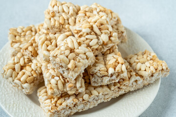 Sweet puffed rice. Food dessert crispy cracker with sugar.
