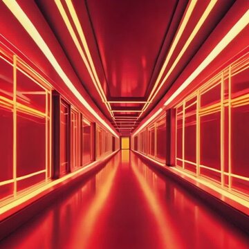 Abstract red and yellow futuristic interior. Corridor with neon luminous fluorescent lamps generated by AI