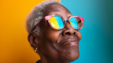 Elderly Woman With Grey Hair and Reflective Sunglasses Smiling Against Vibrant Yellow and Turquoise Background