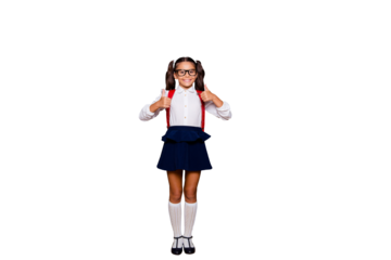 Full size body length of nice smart cute stylish adorable small little girl with curly ponytails in white blouse shirt and blue skirt with bag, showing double thumb-up. Isolated over black background